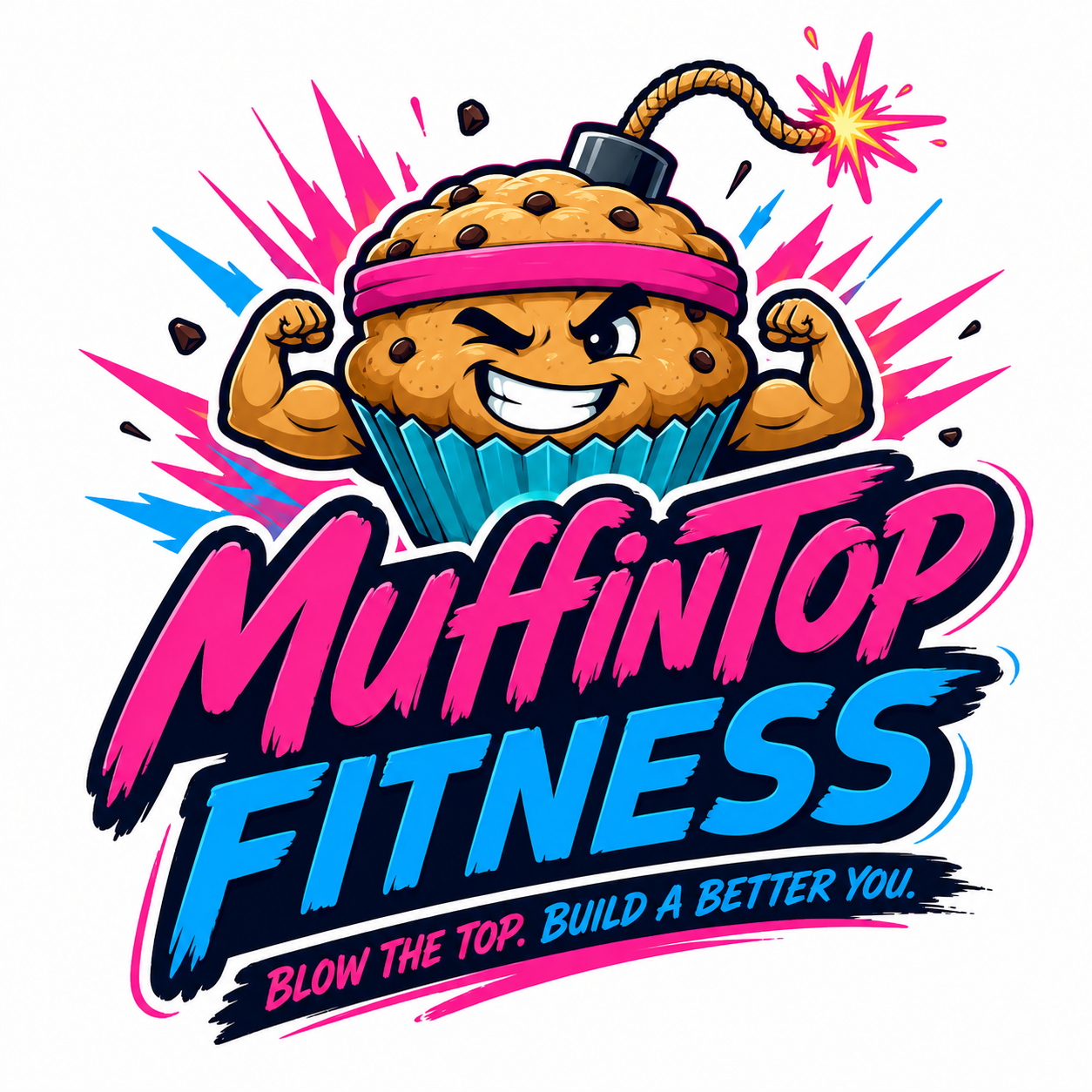 MuffinTop Fitness — flexing muffin mascot with the tagline Blow the top, build a better you